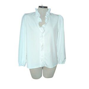 Womens White Ruffle Front Long Sleeve Blouse Size S Elastic Cuffs-270lp